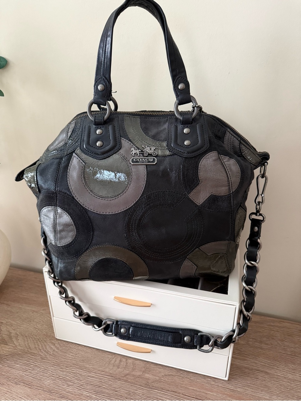 Coach Black Multi-Gray Circular Patchwork Leather Shoulder Bag